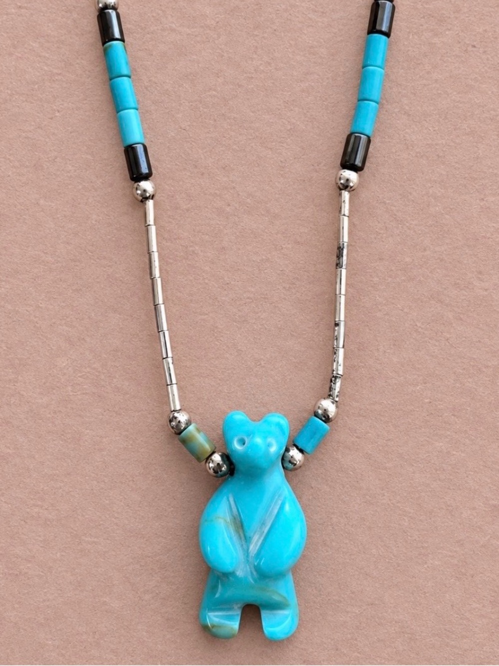 Native American Carved Turquoise Bear Sterling Silver Liquid Beaded Necklace